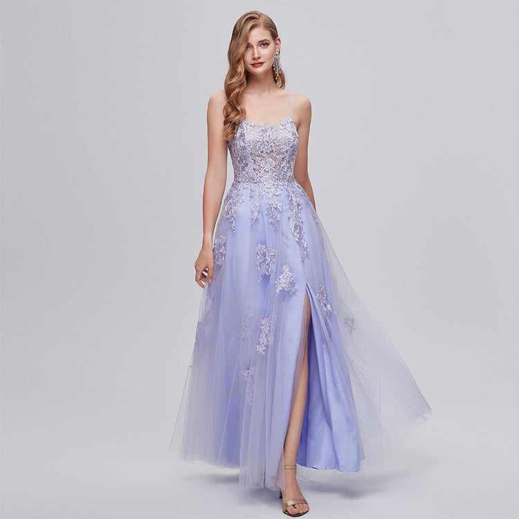 Vestido de Festa Slit Flores em Renda Lavanda