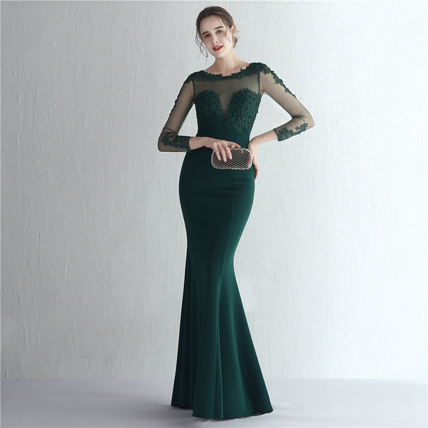 Vestido de Festa Longo com Detalhes em Renda e Apliques Florais Verde (Pronta Entrega)