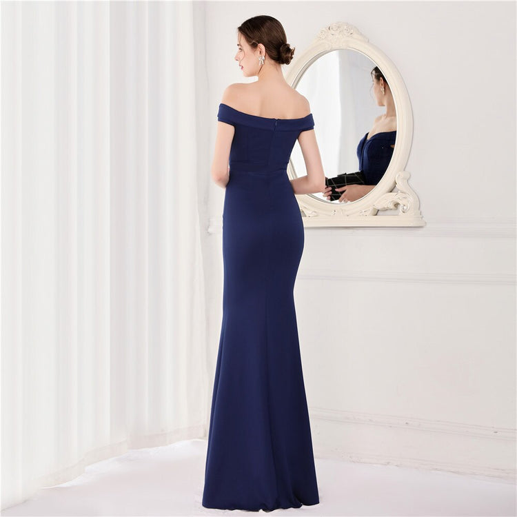 Vestido de Festa Longo Ombro a Ombro Azul Marinho