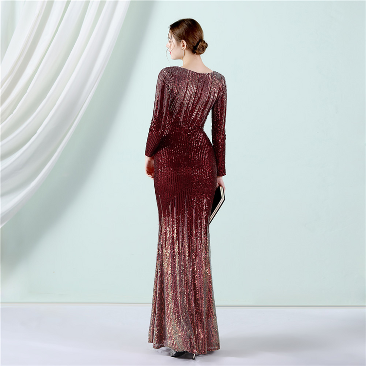 Vestido de Festa Longo com Detalhes Paetês Degradê Marsala
