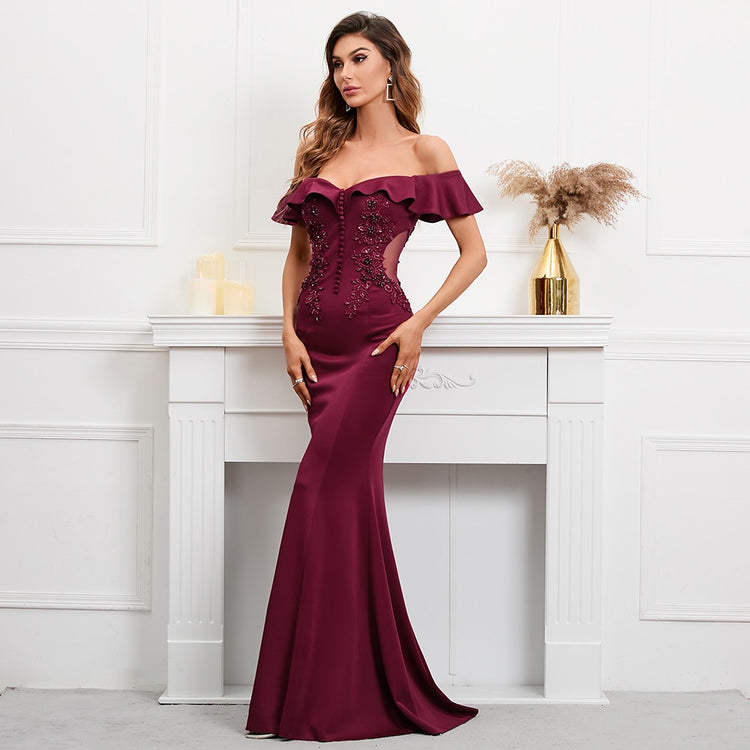 Vestido de Festa Longo com Manga Pétala Marsala