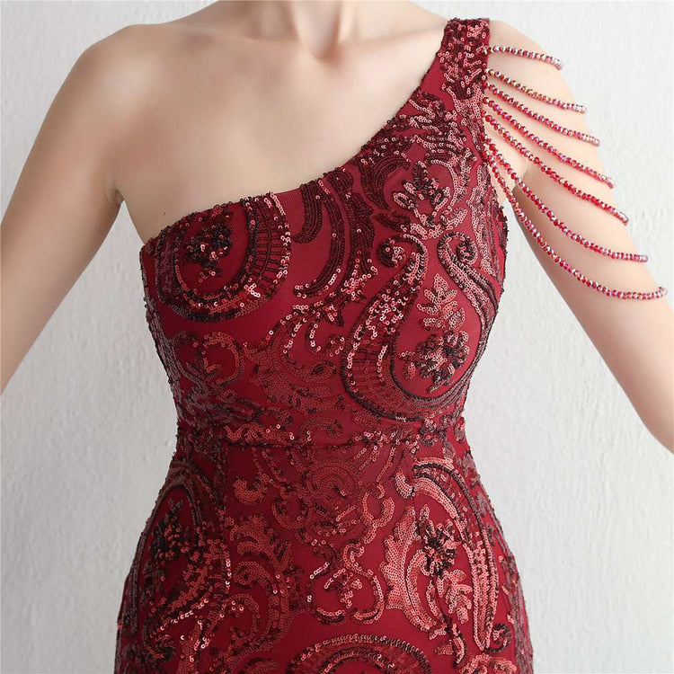 Vestido de Festa Sereia Ombro Único com Detalhes Brilho Marsala