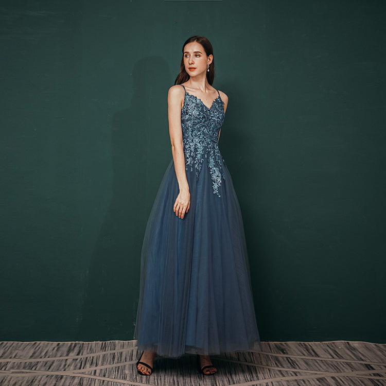 Vestido de Festa Longo Brilho Longo com Alça Azul Marinho