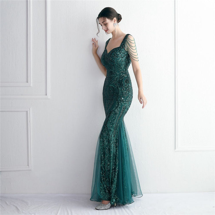 Vestido de Festa Sereia com Detalhes em Brilho Verde