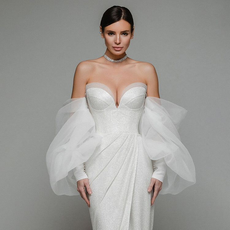 Vestido de Festa Longo com Manga Volume Branco Luxo