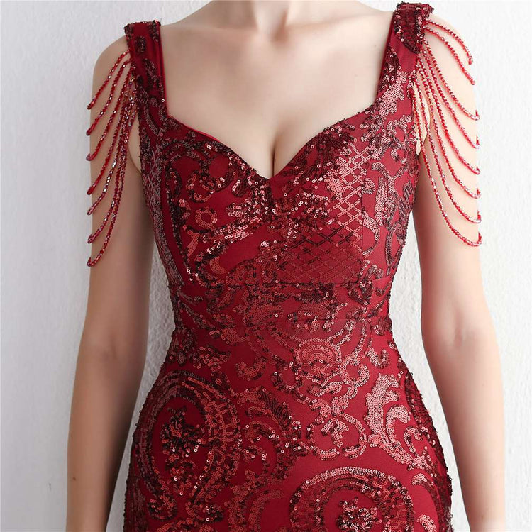 Vestido de Festa Sereia com Detalhes em Brilho Marsala