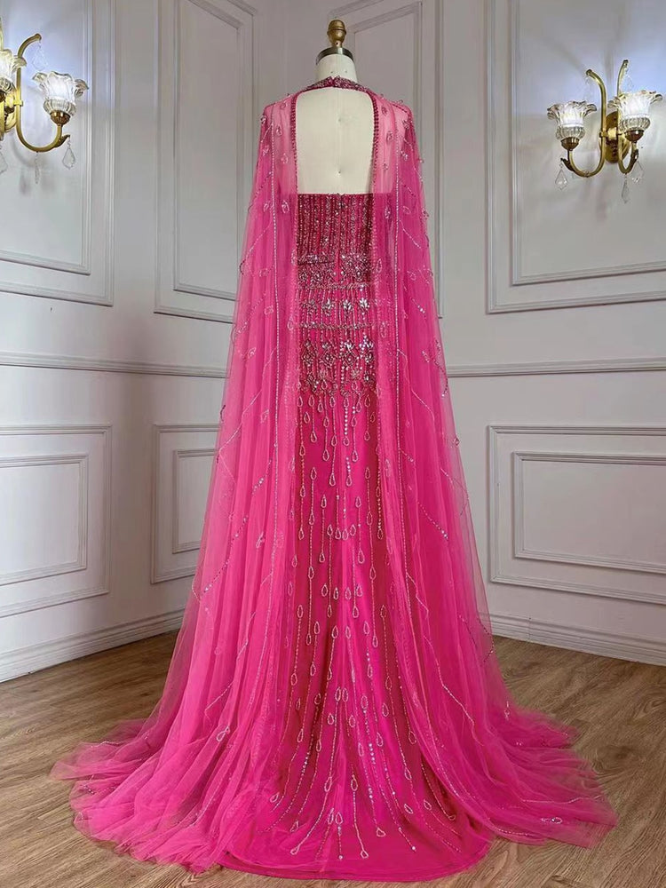 Vestido de Festa Longo Fúcsia com Capa Renda - Modelo Especial