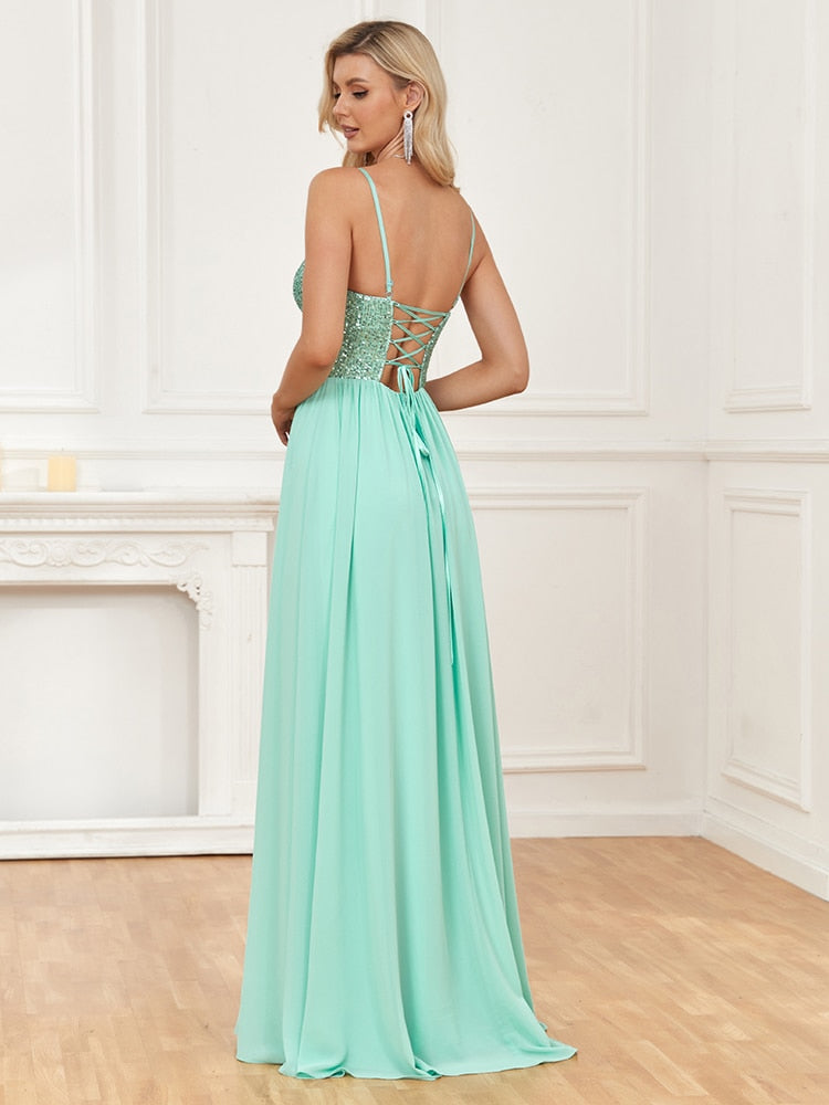 Vestido de Festa Longo com Brilhos Verde Menta com Alça Fina