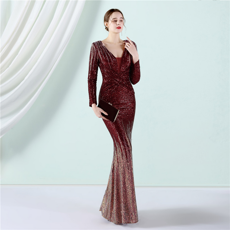 Vestido de Festa Longo com Detalhes Paetês Degradê Marsala