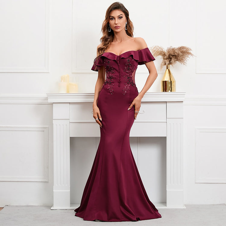Vestido de Festa Longo com Manga Pétala Marsala
