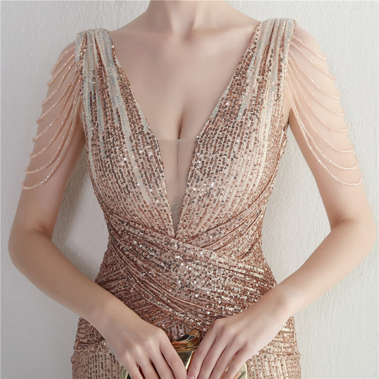 Vestido de Festa Longo Dourado Elegante com Miganças