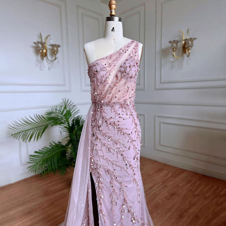 Vestido de Festa Luxo Sereia com Ombro Assimétrico e Brilho - Modelo Especial