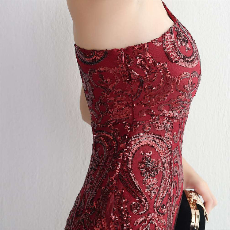 Vestido de Festa Sereia Ombro Único com Detalhes Brilho Marsala