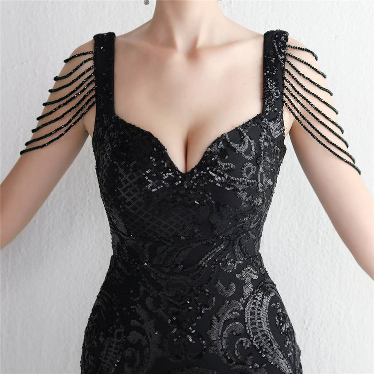 Vestido de Festa Sereia com Detalhes em Brilho Preto
