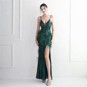 Vestido de Festa Longo Luxo com Detalhes em Plumas Verde (Pronta Entrega)