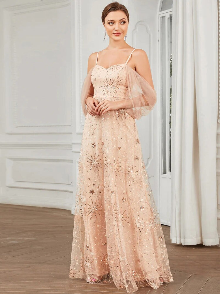 Vestido de Festa Longo com Alça Fina e Bordados com Renda Rosé