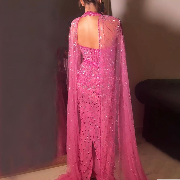 Vestido de Festa Longo Fúcsia com Capa Renda - Modelo Especial