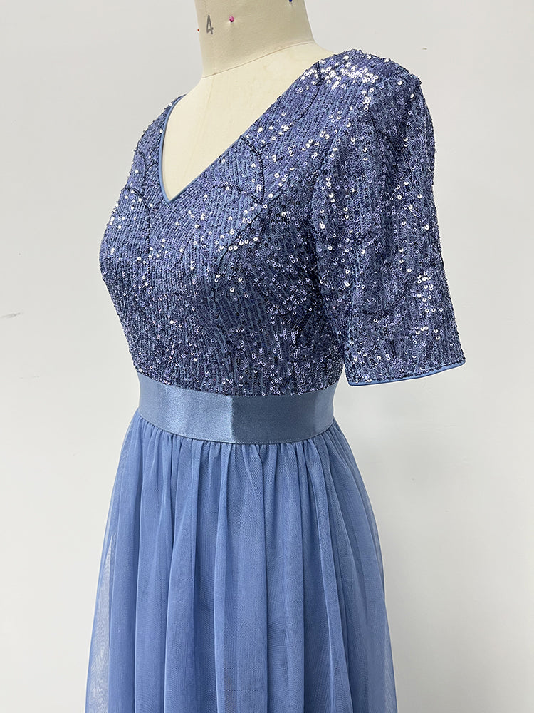 Vestido de Festa Longo em Renda Azul Empoeirado