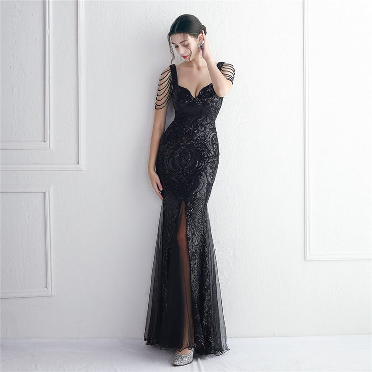 Vestido de Festa Sereia com Detalhes em Brilho Preto