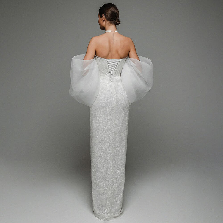 Vestido de Festa Longo com Manga Volume Branco Luxo