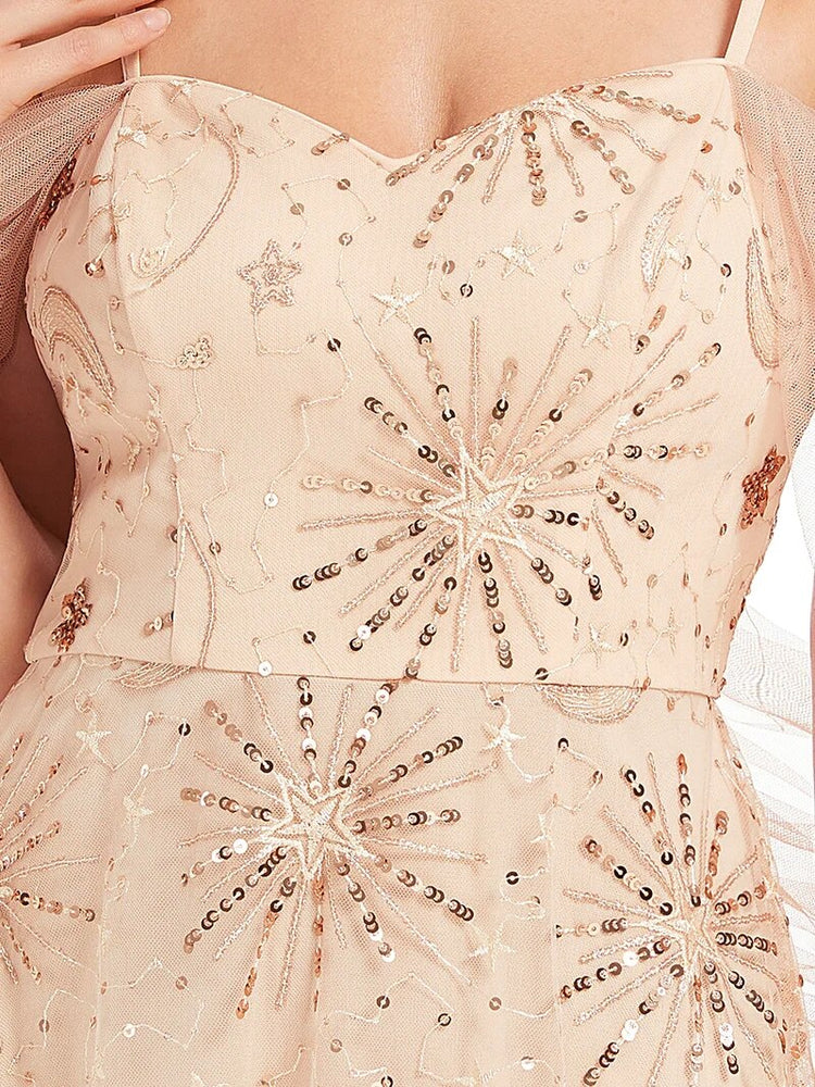 Vestido de Festa Longo com Alça Fina e Bordados com Renda Rosé