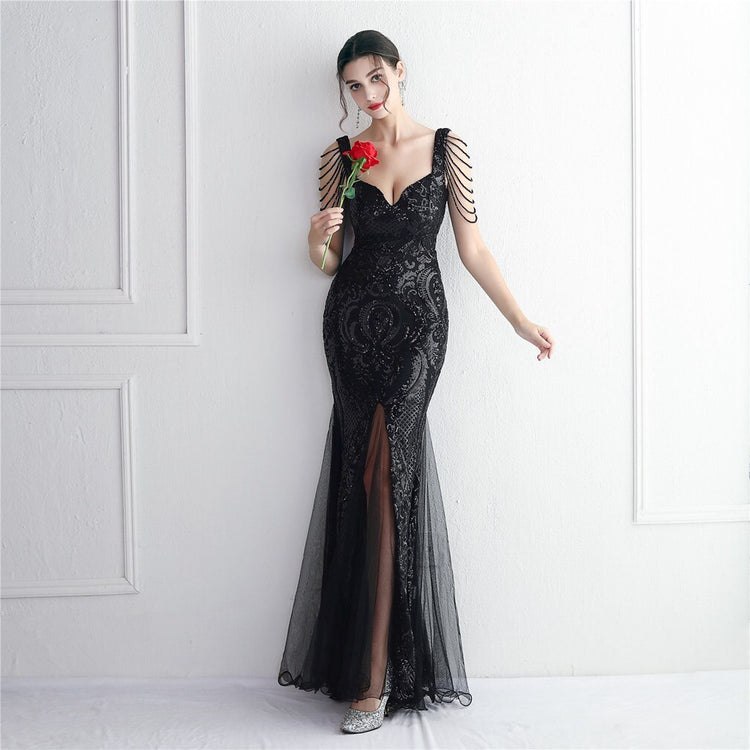 Vestido de Festa Sereia com Detalhes em Brilho Preto