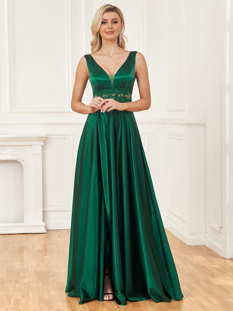Vestido de Festa com Decote V em Renda Verde Império