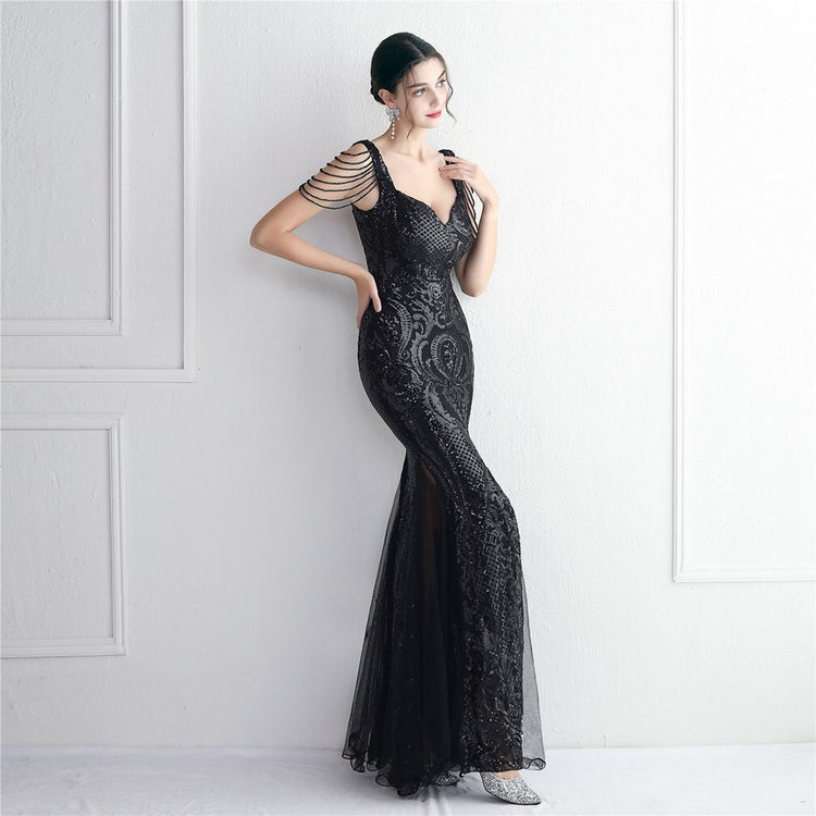 Vestido de Festa Sereia com Detalhes em Brilho Preto