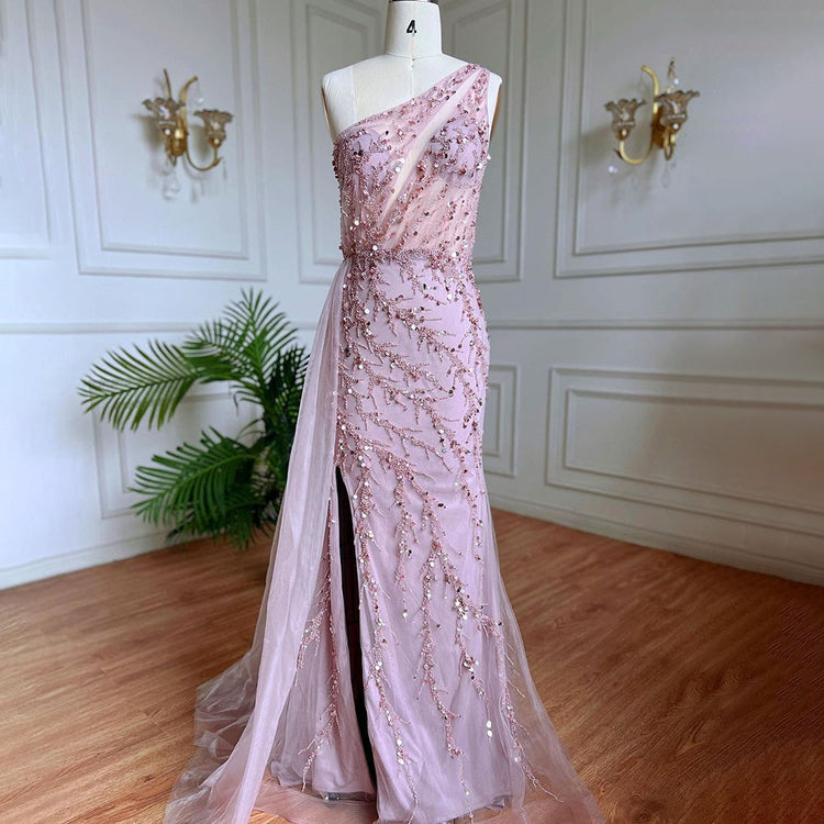 Vestido de Festa Luxo Sereia com Ombro Assimétrico e Brilho - Modelo Especial