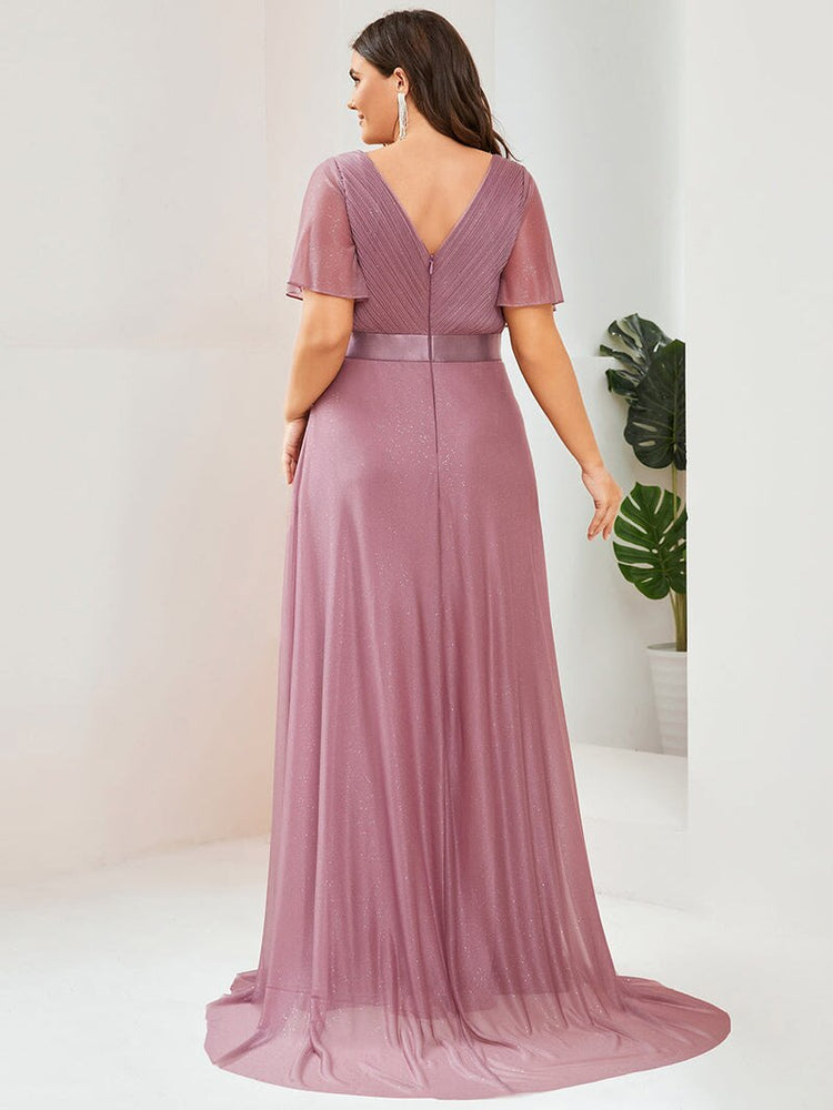 Vestido de Festa Longo com Faixa de Cetim e Tecido Brilho