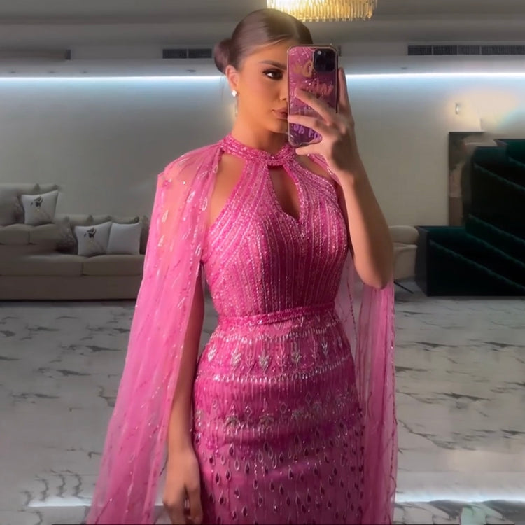 Vestido de Festa Longo Fúcsia com Capa Renda - Modelo Especial