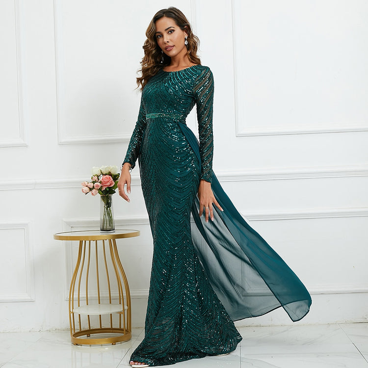 Vestido de Festa Sereia Manga Longa com Cauda Removível