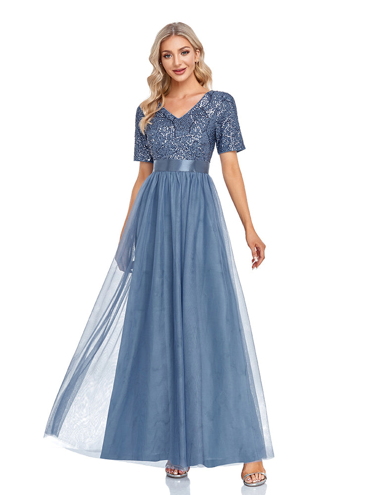 Vestido de Festa Longo em Renda Azul Empoeirado