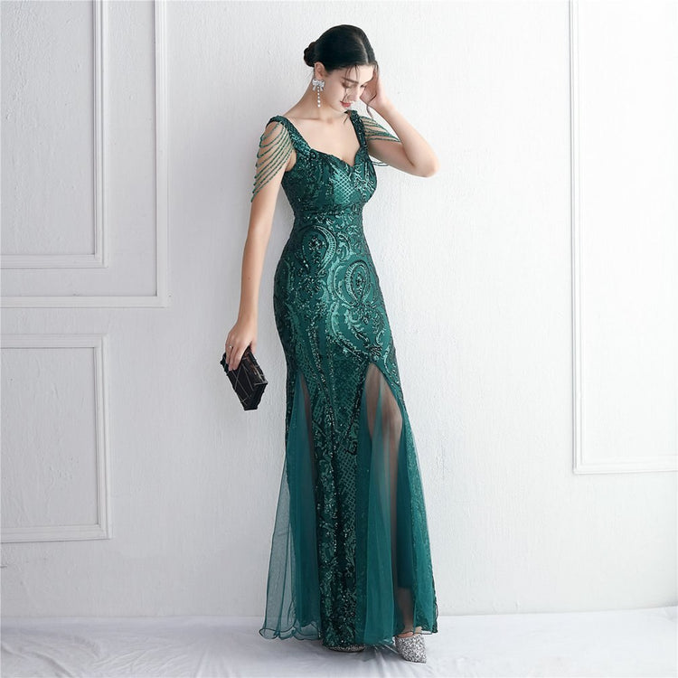 Vestido de Festa Sereia com Detalhes em Brilho Verde