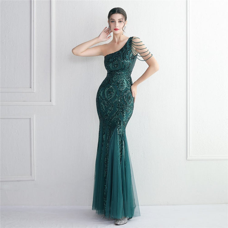 Vestido de Festa Sereia Ombro Único com Detalhes Brilho Verde