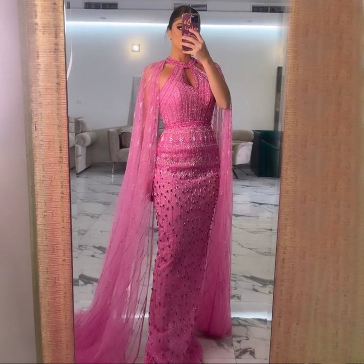 Vestido de Festa Longo Fúcsia com Capa Renda - Modelo Especial