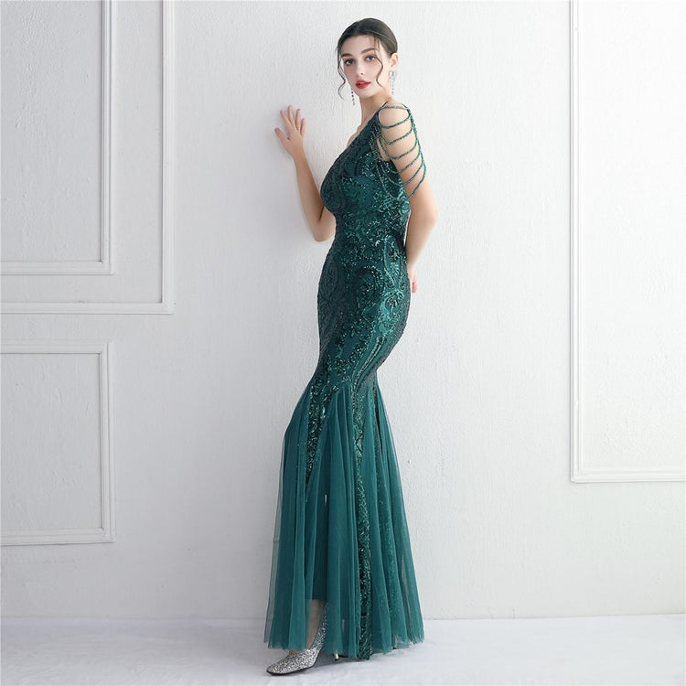 Vestido de Festa Sereia Ombro Único com Detalhes Brilho Verde