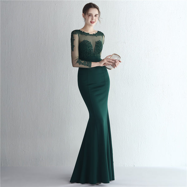 Vestido de Festa Longo com Detalhes em Renda e Apliques Florais Verde (Pronta Entrega)