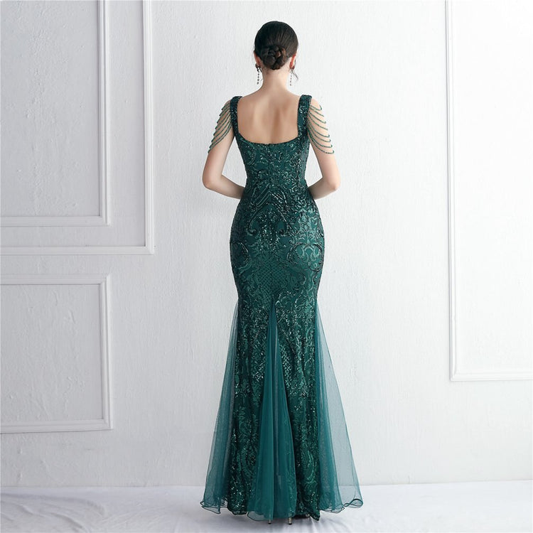 Vestido de Festa Sereia com Detalhes em Brilho Verde