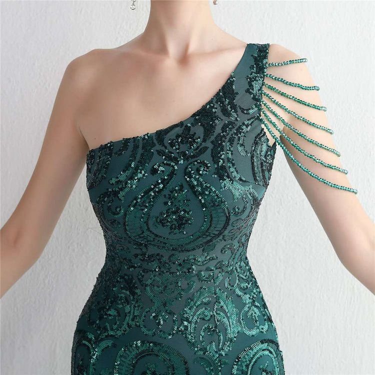 Vestido de Festa Sereia Ombro Único com Detalhes Brilho Verde