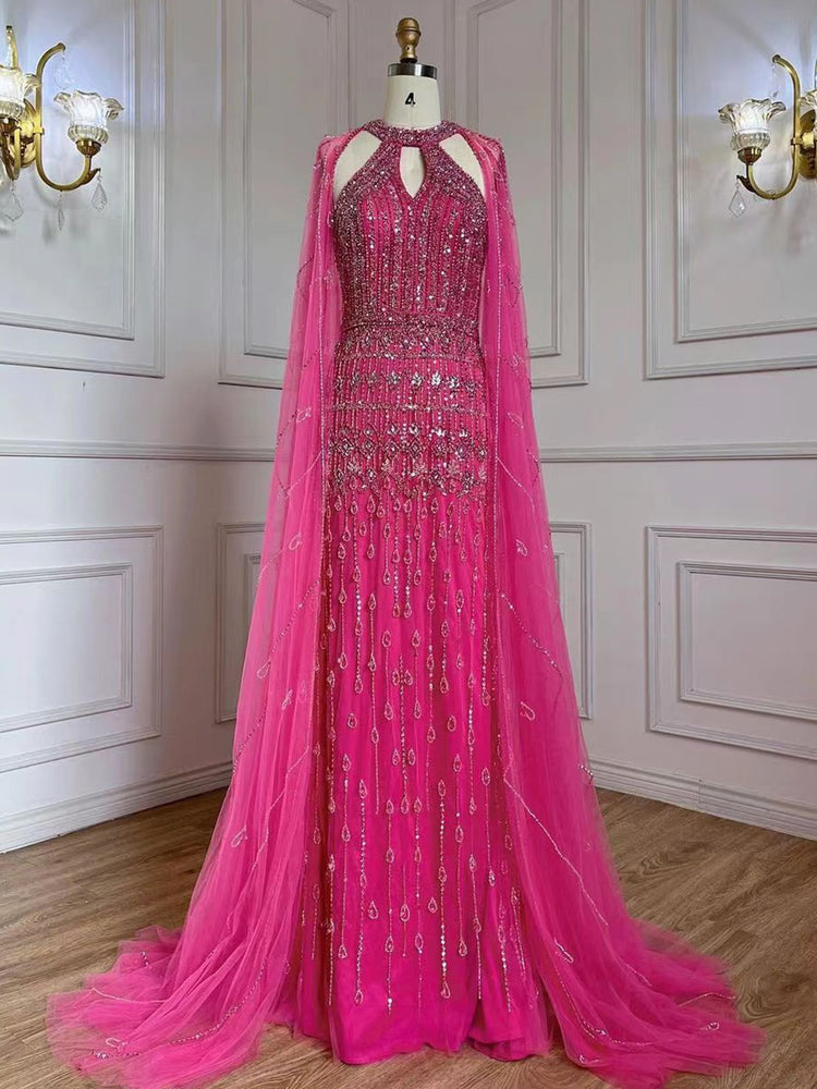 Vestido de Festa Longo Fúcsia com Capa Renda - Modelo Especial