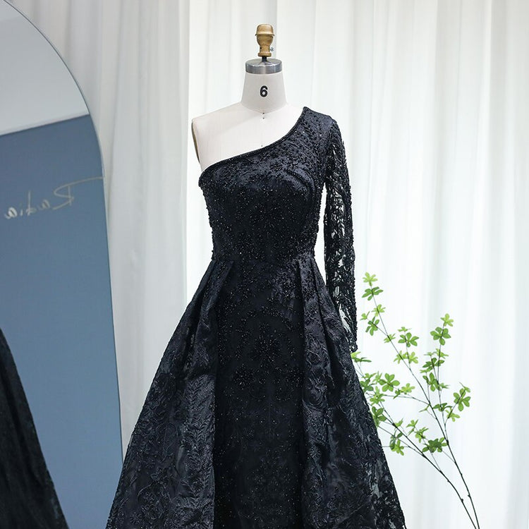 Vestido de Festa Maxi Luxo Decorado com Cristais e Manga Assimétrica - Modelo Especial