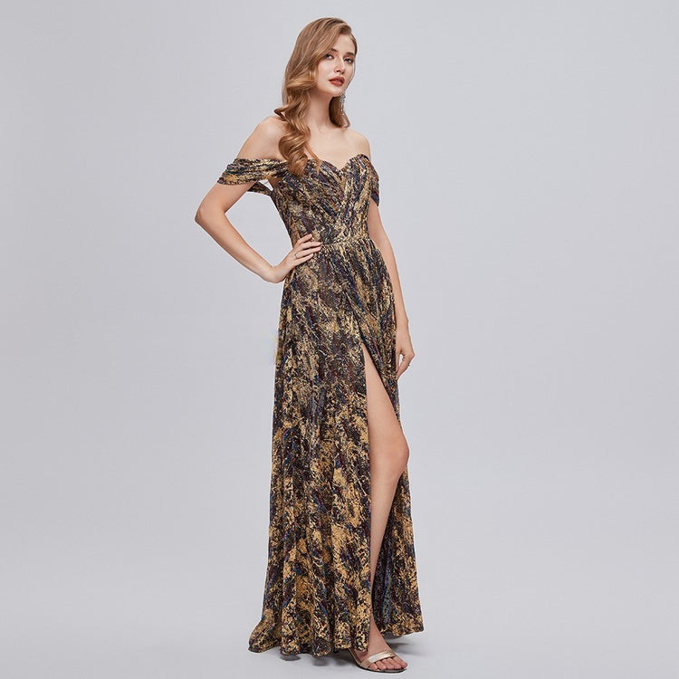 Vestido de Festa Longo Brilho Floral Dourado