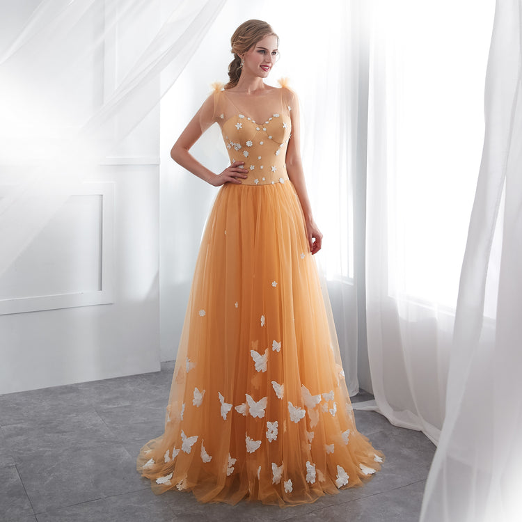 Vestido de Festa Florais com Borboletas em Renda Laranja - Modelo Especial
