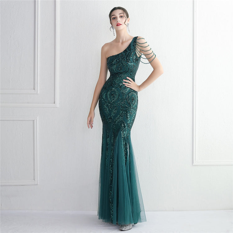 Vestido de Festa Sereia Ombro Único com Detalhes Brilho Verde