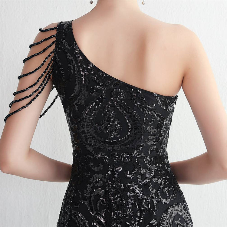 Vestido de Festa Sereia Ombro Único com Detalhes Brilho Preto