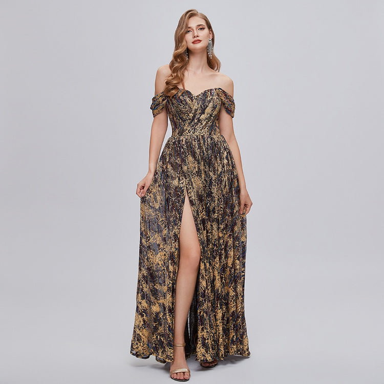 Vestido de Festa Longo Brilho Floral Dourado