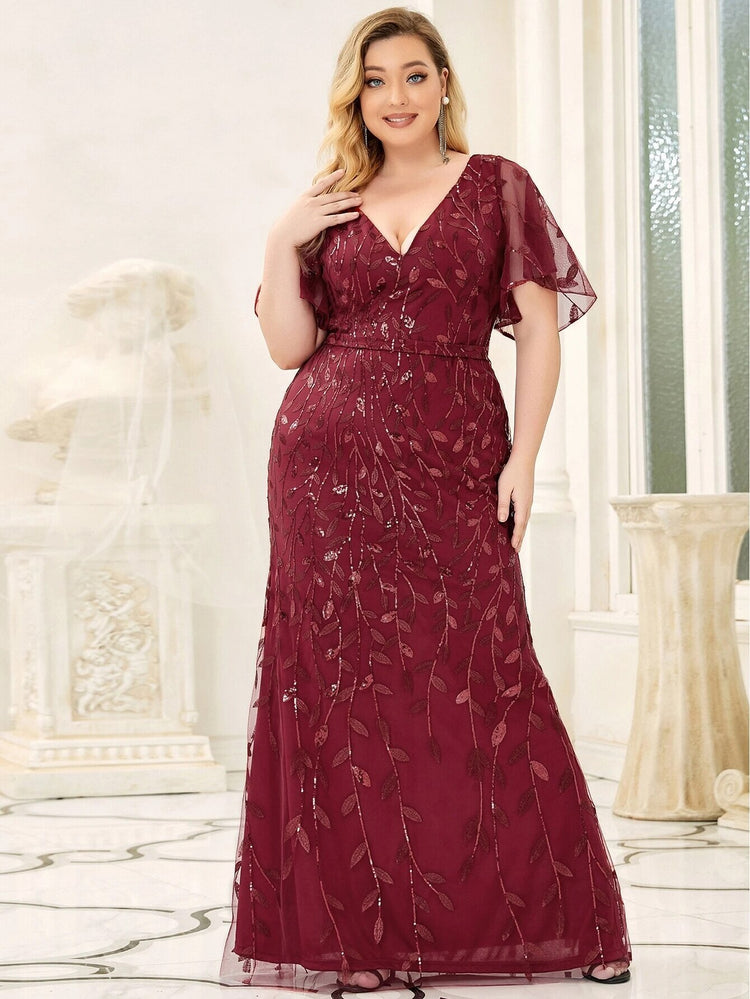 Vestido de Festa Longo Clássico com Paetês e Padrão Folhas