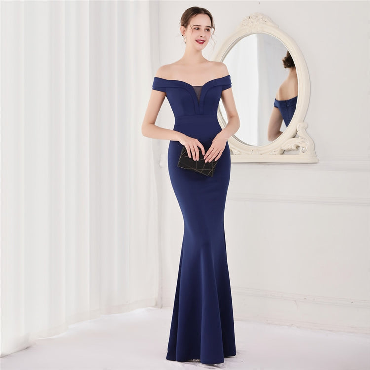 Vestido de Festa Longo Ombro a Ombro Azul Marinho