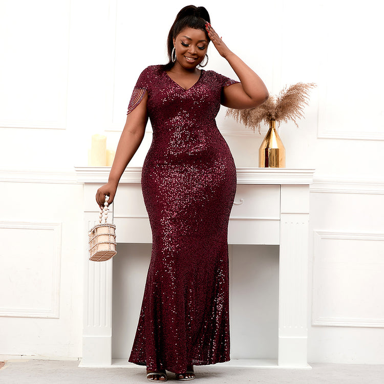 Vestido de Festa Plus Size Luxo Detalhado em Paetês Marsala